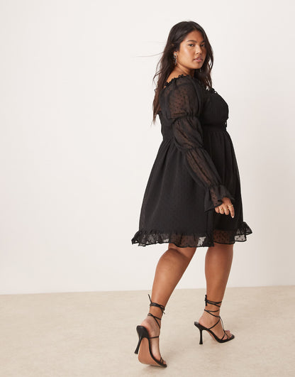 Curve Dobby Milkmaid Long Sleeve Sleeve Shirred Waist Mini Dress