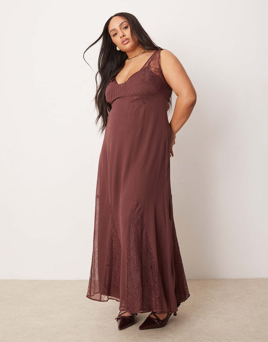 Curve Lace And Chiffon Midi Dress With Godets