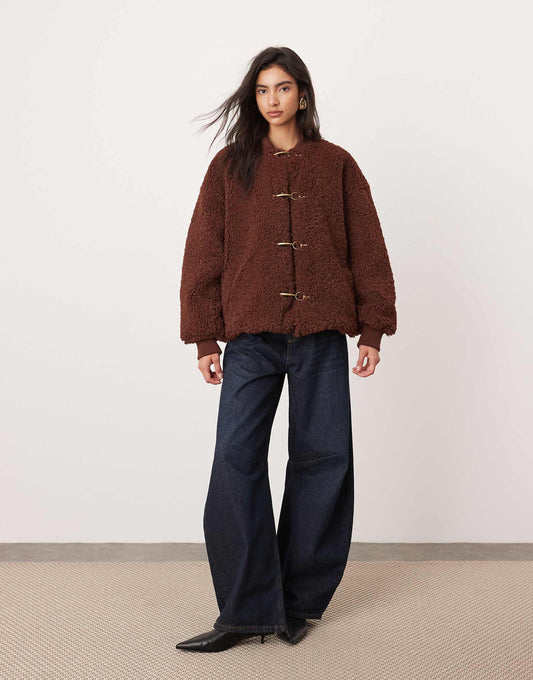 Borg Chunky Buckle Detail Oversized Bomber Jacket