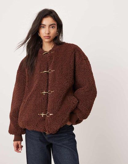 Borg Chunky Buckle Detail Oversized Bomber Jacket