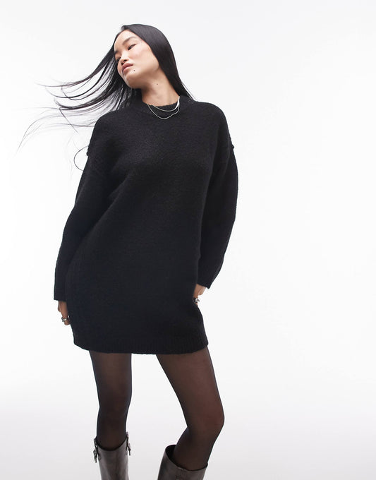 Knitted Oversized Crew Mini Dress With Exposed Seam Detail