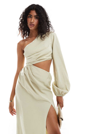 One Shoulder Maxi Dress With Blouson Sleeve And Waist Cut Out
