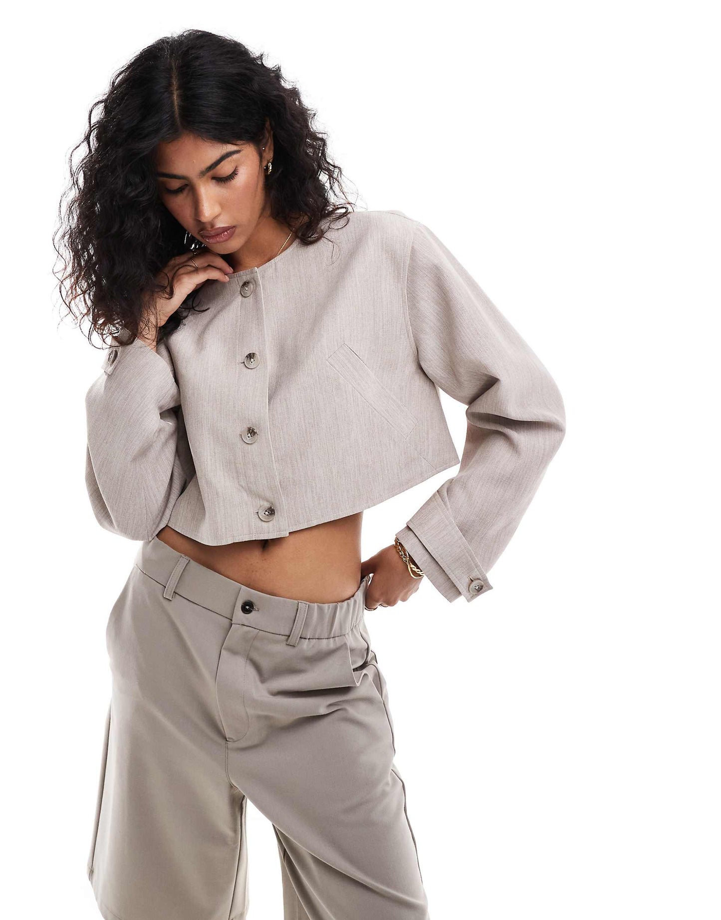 Cropped Collarless Linen Look Jacket
