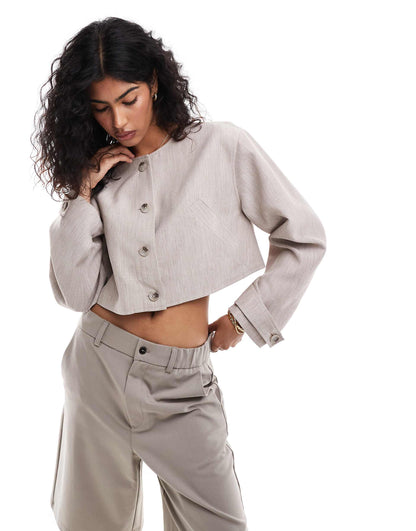 Cropped Collarless Linen Look Jacket