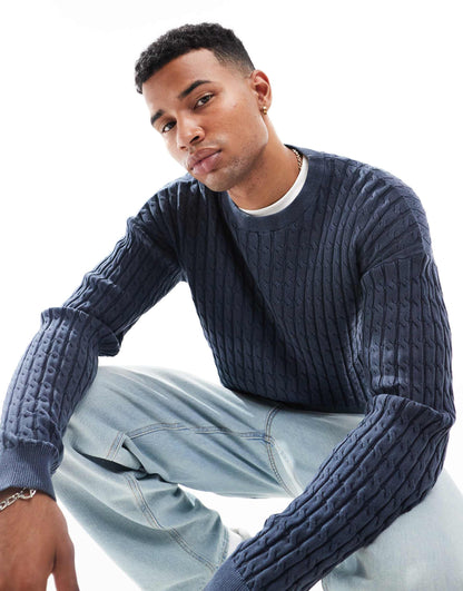 Relaxed Washed Knitted Cable Knit Jumper
