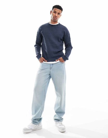 Relaxed Washed Knitted Cable Knit Jumper