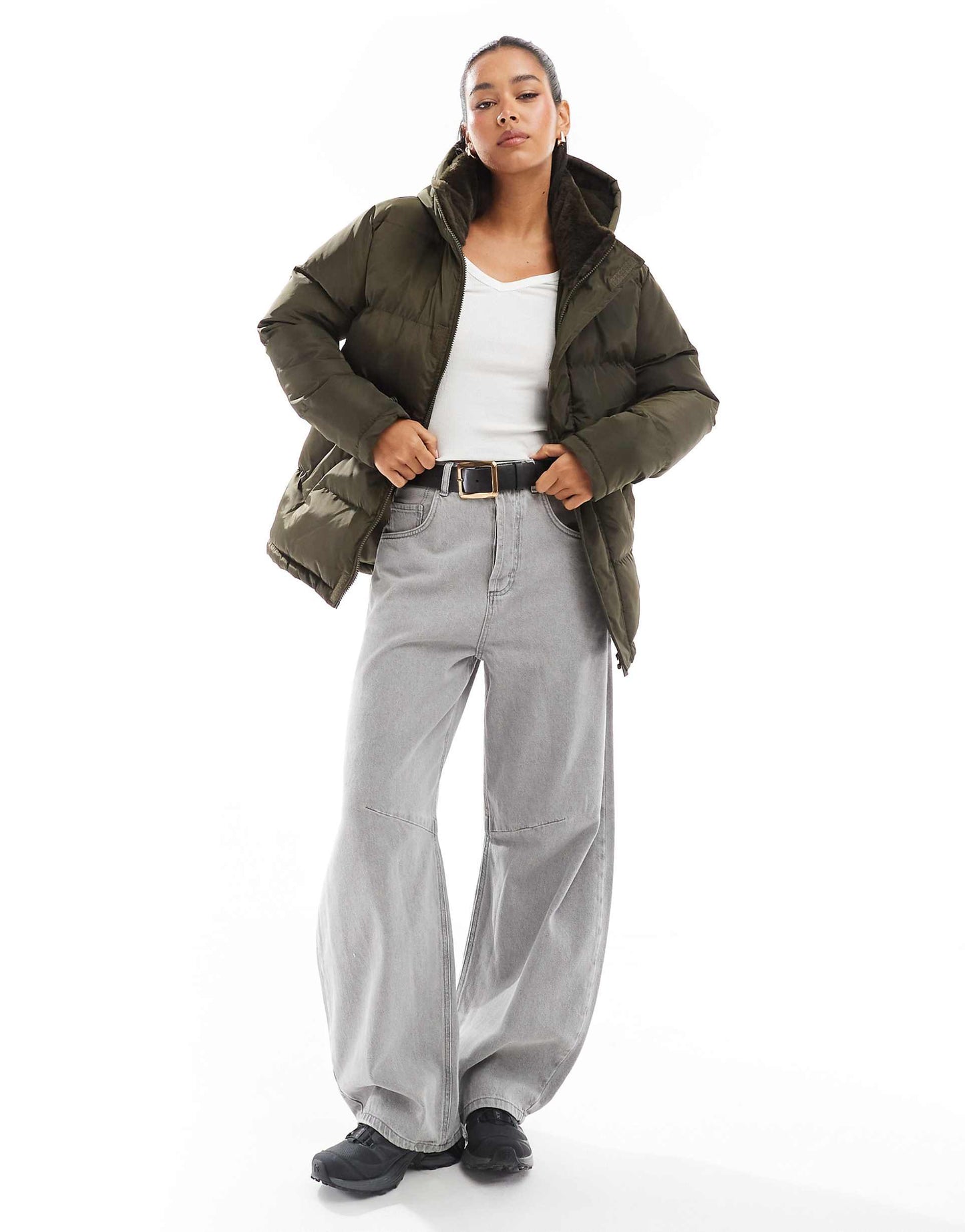 Waist Detail Puffer With Faux Fur Collar