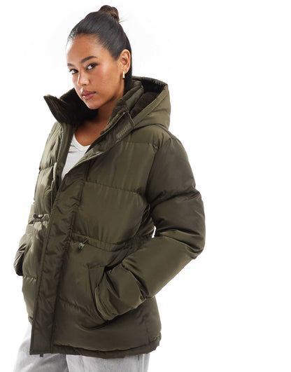 Waist Detail Puffer With Faux Fur Collar