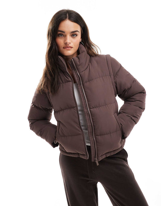 Short Zip Up Puffer Jacket With Detachable Sleeves