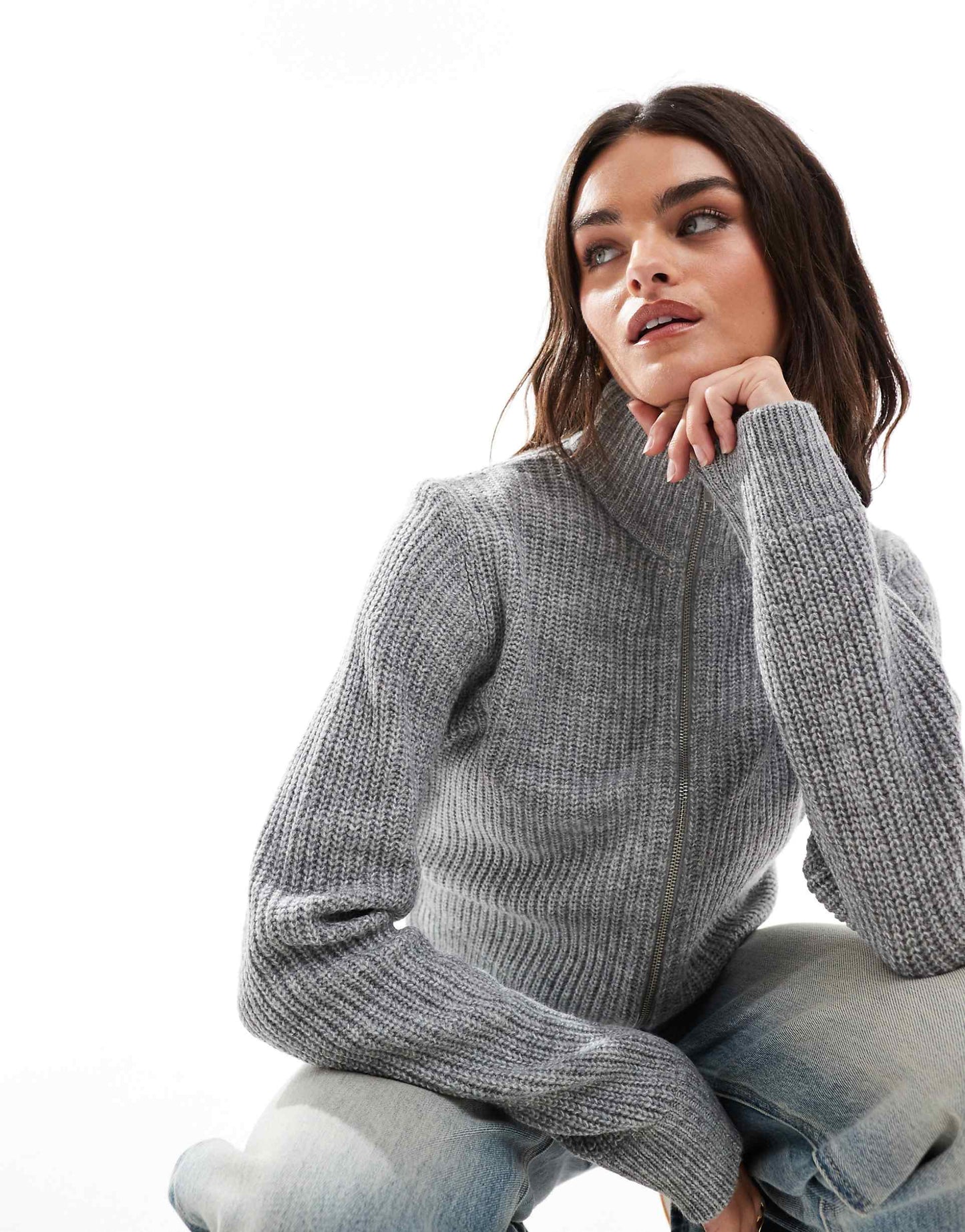High Collar Ribbed Zip Through  Jumper