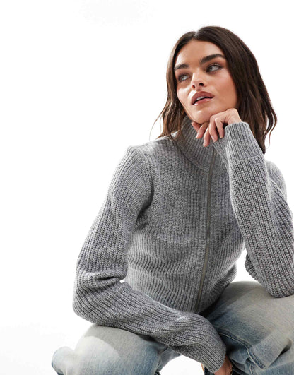 High Collar Ribbed Zip Through  Jumper
