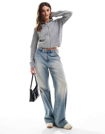 High Collar Ribbed Zip Through  Jumper
