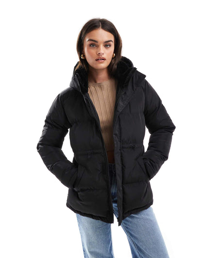 Waist Detail Puffer With Faux Fur Collar