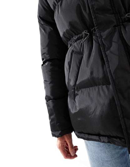 Waist Detail Puffer With Faux Fur Collar