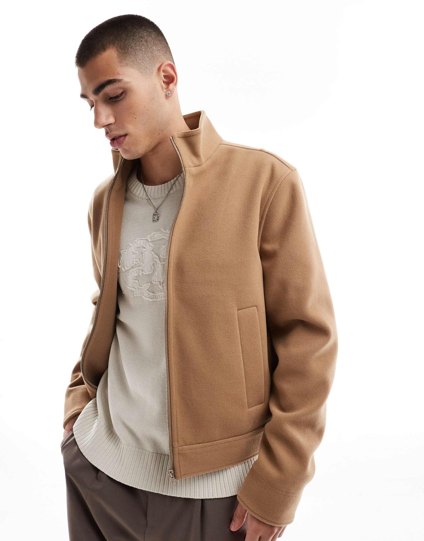 Wool Look Harrington Jacket With Funnel Neck