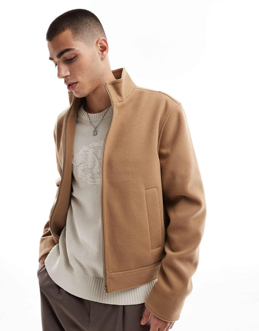 Wool Look Harrington Jacket With Funnel Neck