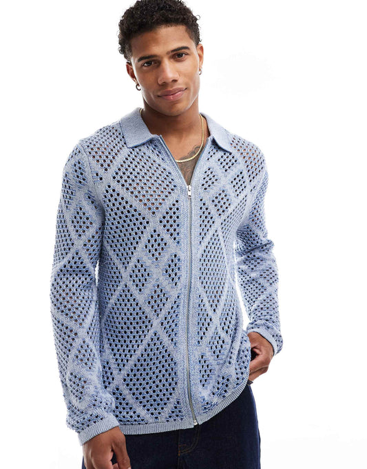 Knitted Crochet Zip Through Collared Cardigan