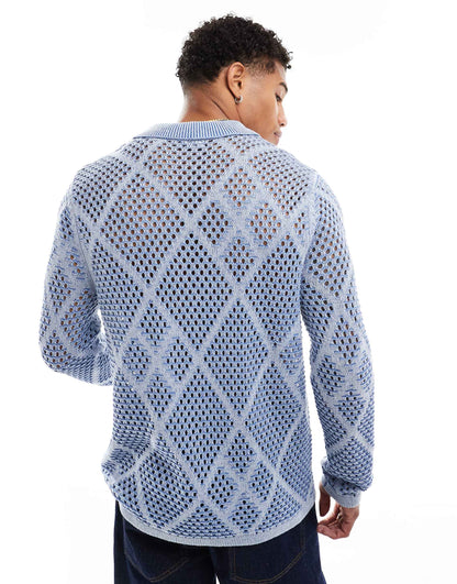 Knitted Crochet Zip Through Collared Cardigan