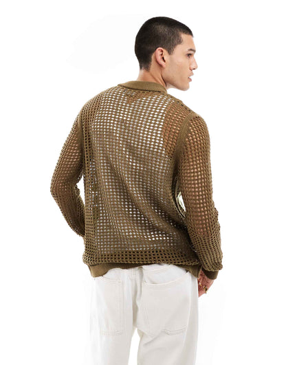 Knitted Crochet Button Through Collar Cardigan