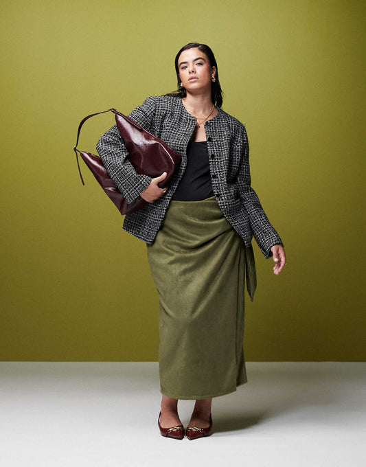 Curve Tie Detail Wrap Faux Suede Maxi Skirt