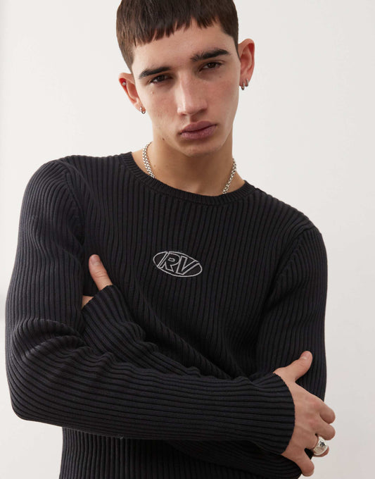 Ribbed Knit Top With Spray And Badge Logo