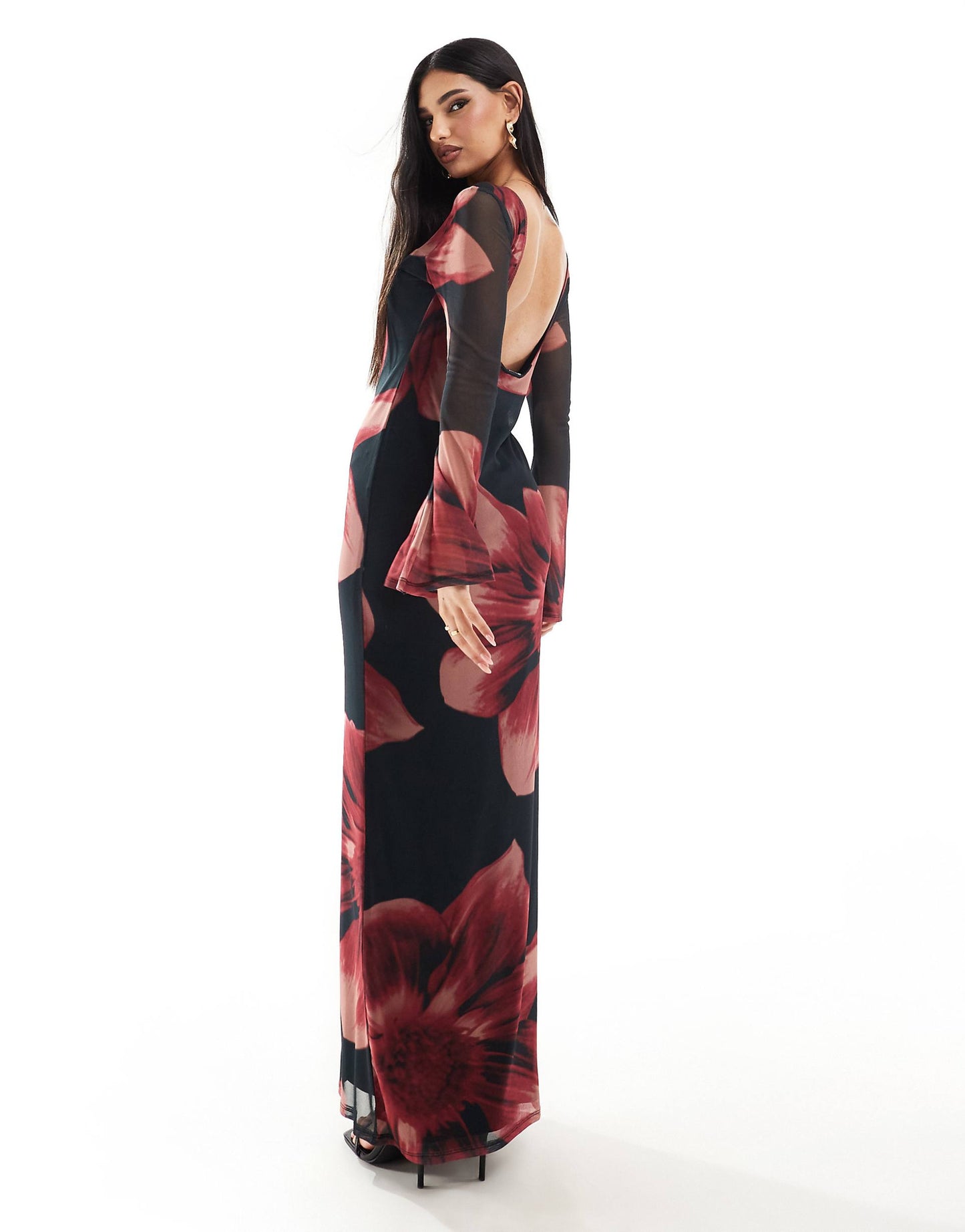 Low Back Floral Mesh Maxi Dress With Angel Sleeves