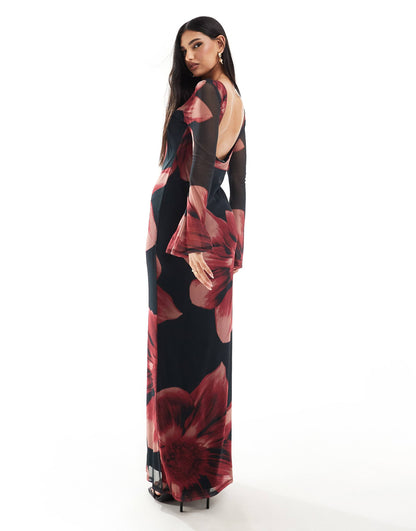 Low Back Floral Mesh Maxi Dress With Angel Sleeves