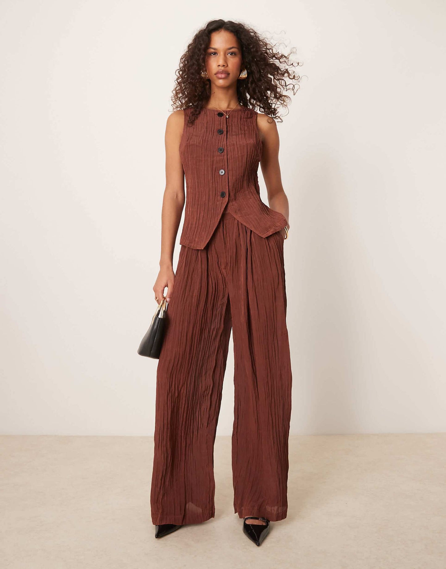 Sheer Crinkle Satin Wide Leg Trousers Co-Ord