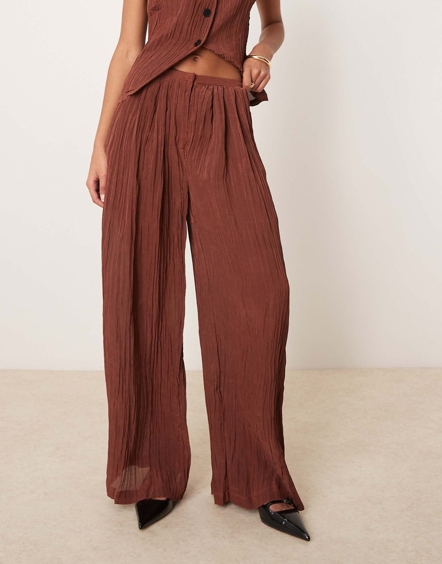 Sheer Crinkle Satin Wide Leg Trousers Co-Ord