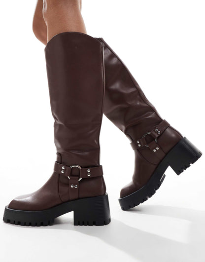 Ultra Biker Knee Boots With Square Toe