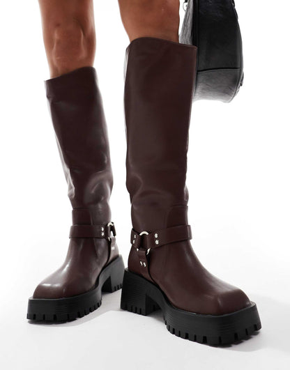 Wide Fit Ultra Biker Knee Boots With Square Toe