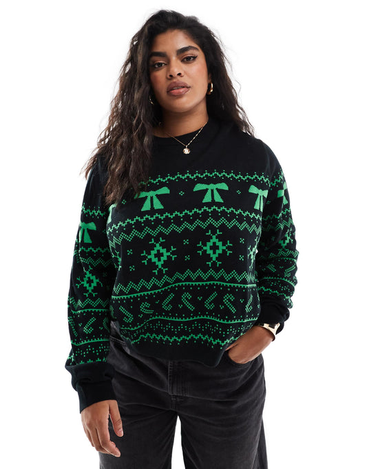 Curve Crew Neck Christmas Jumper With Fairisle Pattern