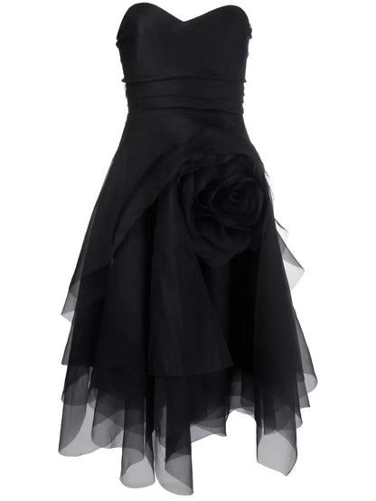 Floral-Appliqué Organza Midi Dress