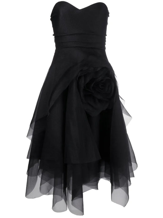 Floral-Appliqué Organza Midi Dress