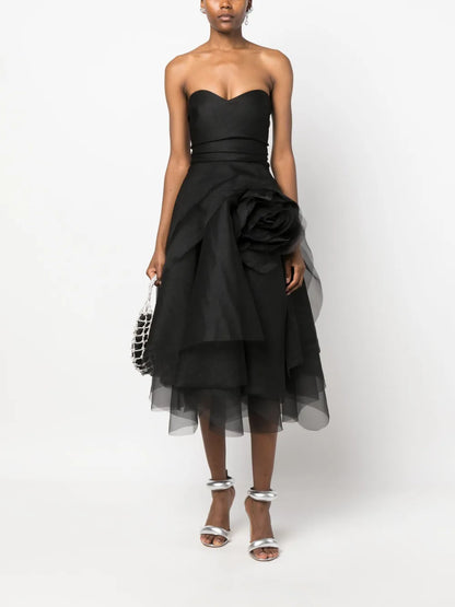 Floral-Appliqué Organza Midi Dress