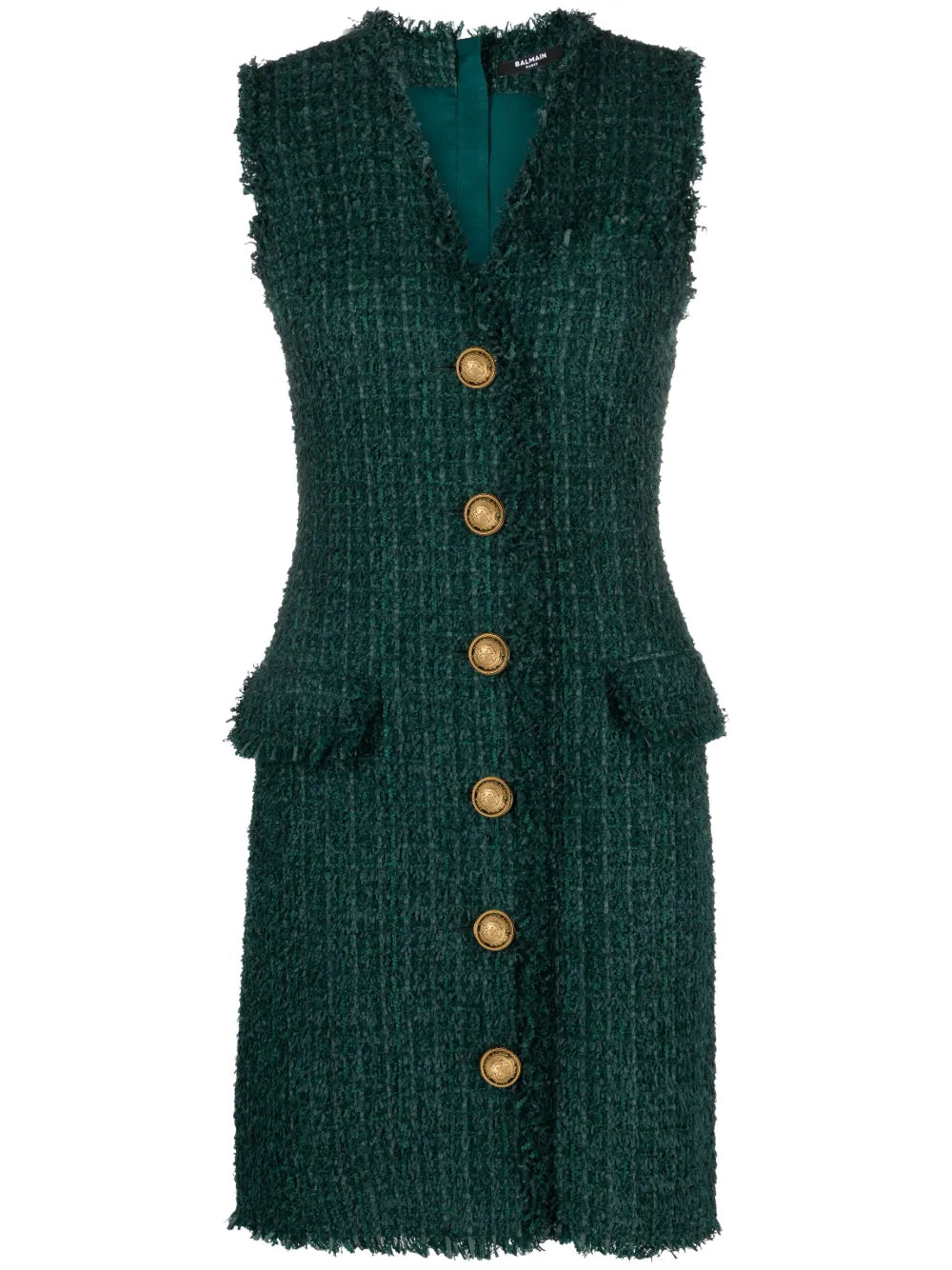 V-Neck Buttoned Tweed Minidress