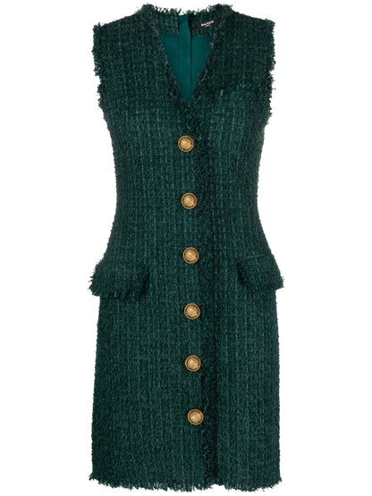 V-Neck Buttoned Tweed Minidress