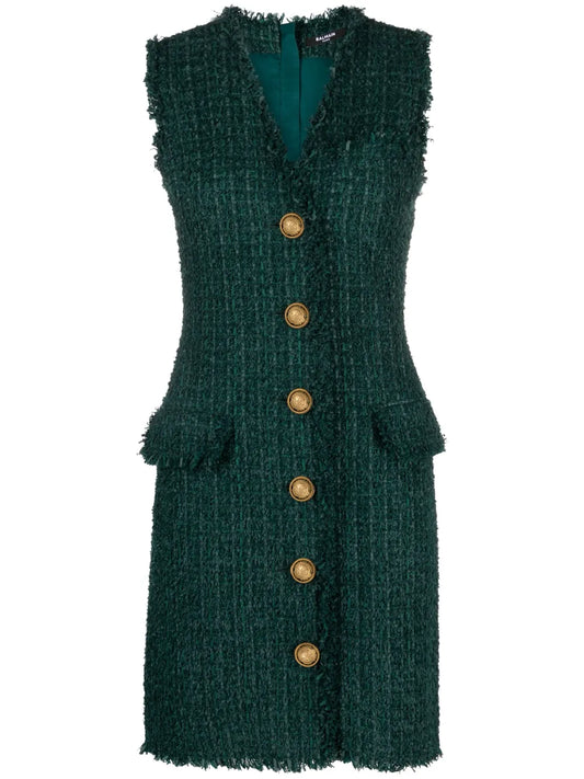 V-Neck Buttoned Tweed Minidress