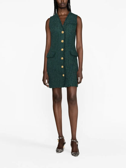 V-Neck Buttoned Tweed Minidress