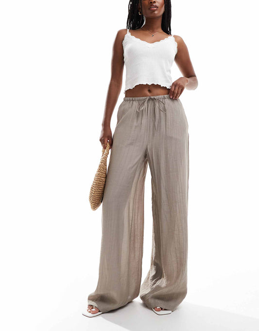 Textured Drawstring Waist Wide Leg Trouser