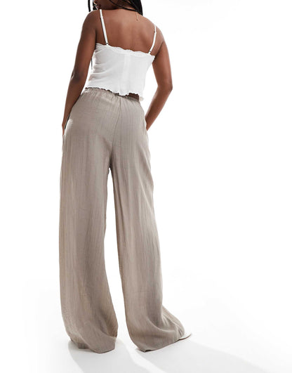 Textured Drawstring Waist Wide Leg Trouser