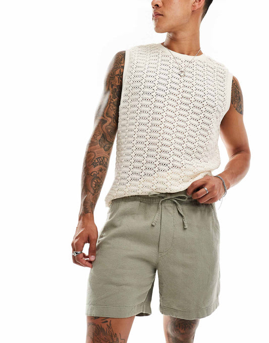 6Inch Pull On Drawstring Linen Garment Dyed Shorts