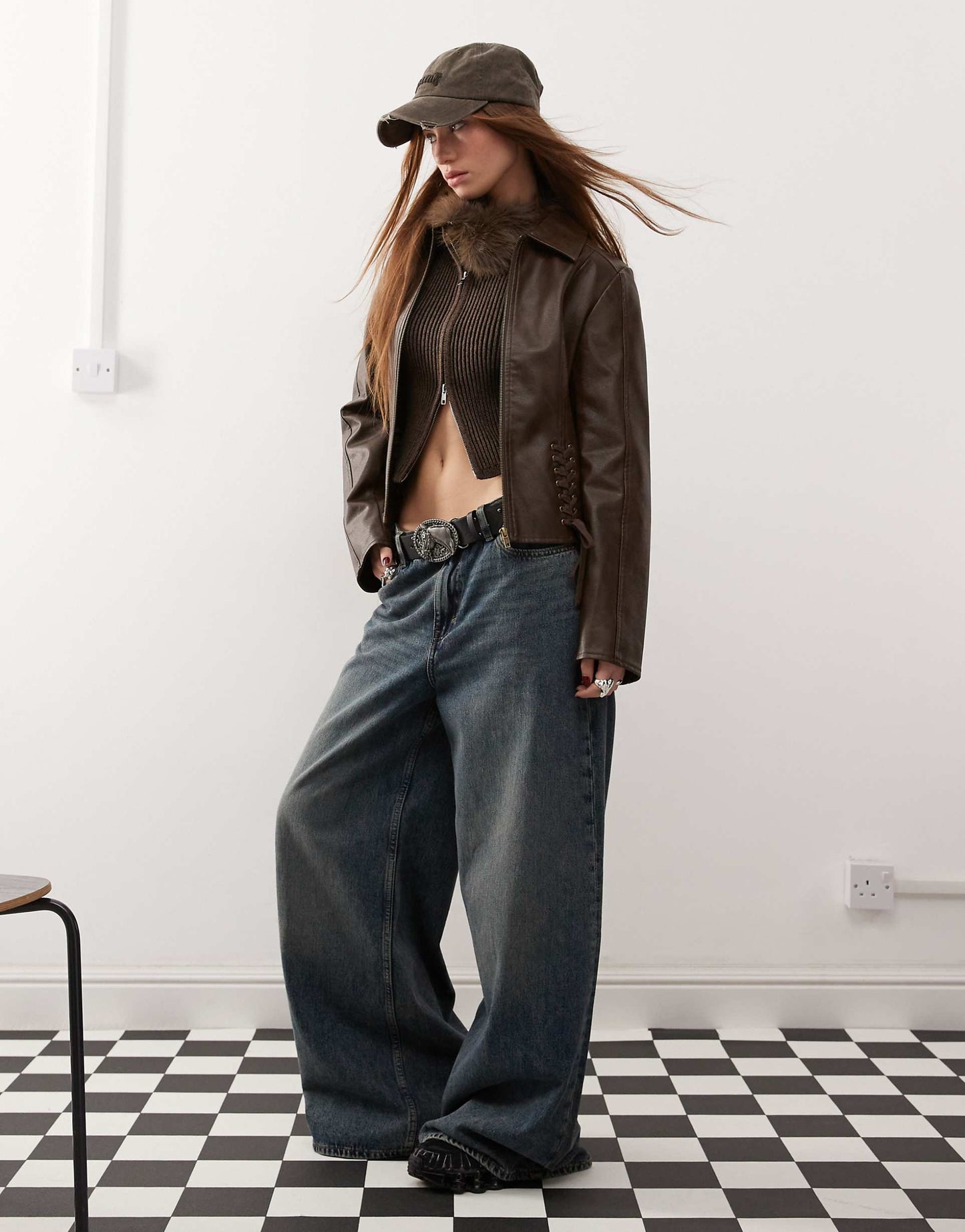Leather Look Fitted Jacket With Lace Up Detail