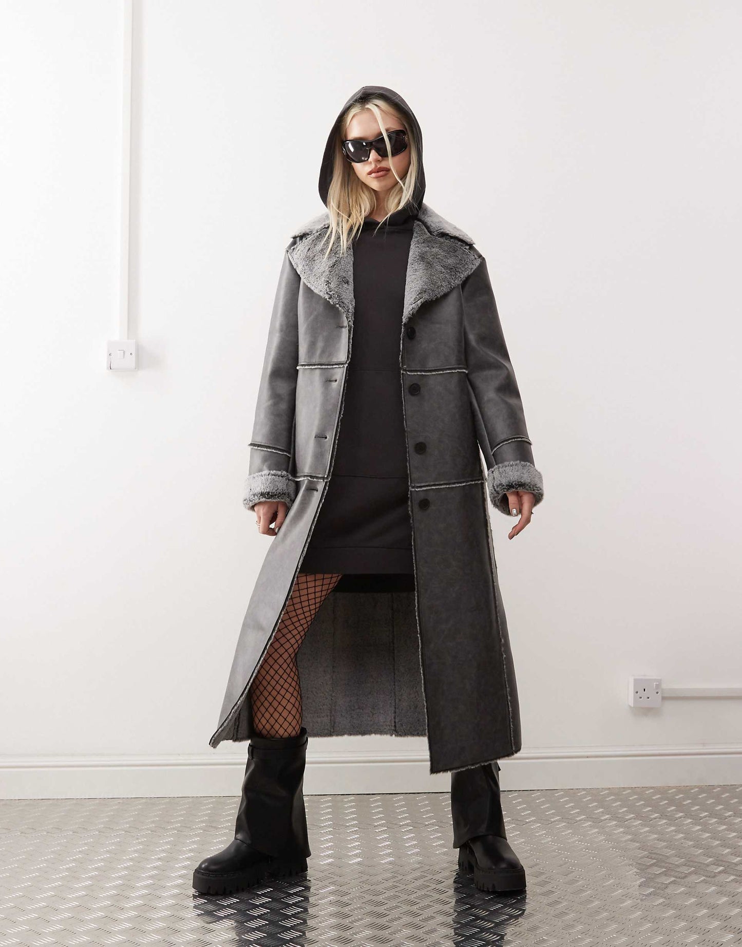 Faux Suede Coat With Fur Trim
