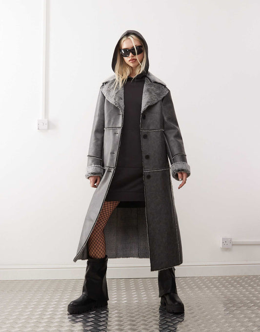 Faux Suede Coat With Fur Trim