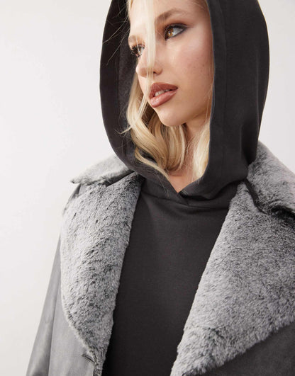 Faux Suede Coat With Fur Trim