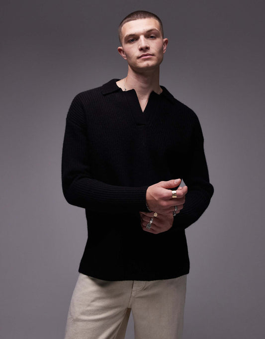 Premium Relaxed Fit Lambswool Open Collar Jumper