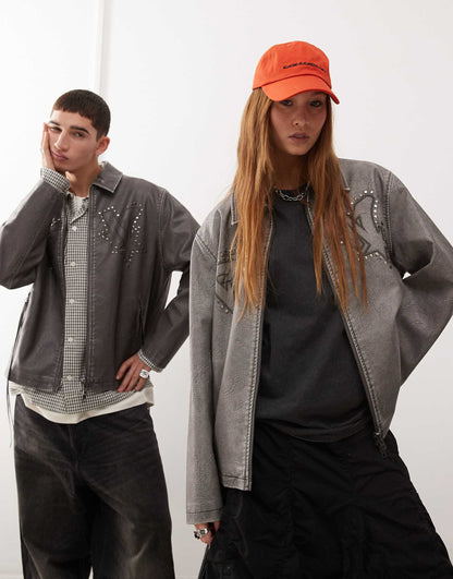 Unisex Distressed Faux Leather Harrington Jacket With Branding