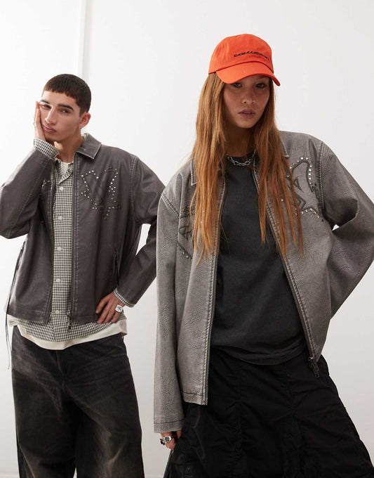 Unisex Distressed Faux Leather Harrington Jacket With Branding