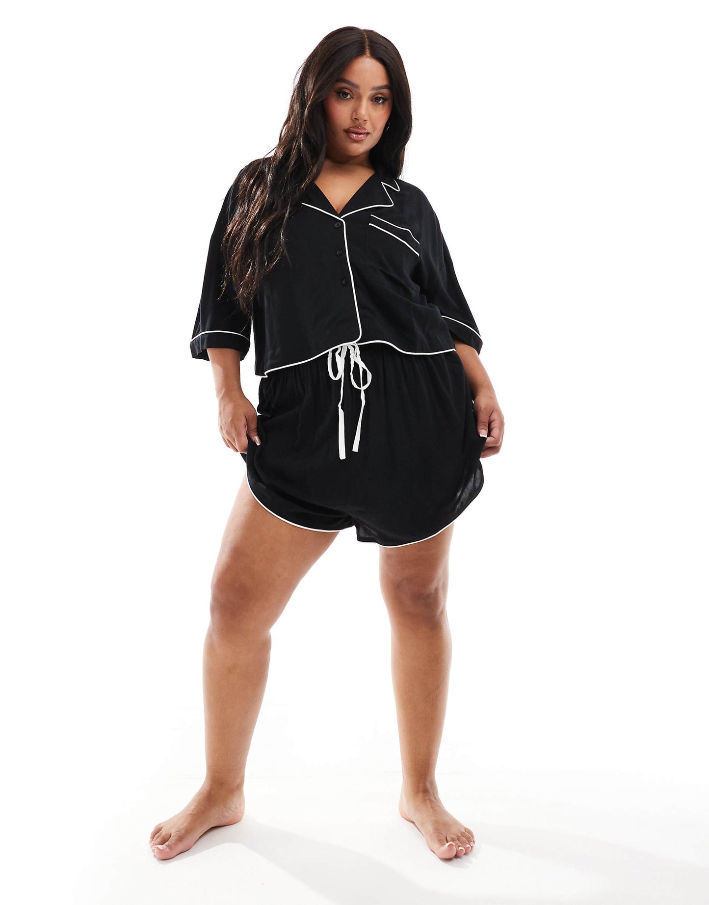 Curve Contrast Binding Crop Pyjama Shirt & Short Set